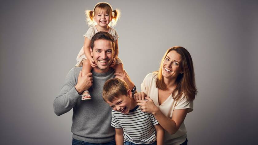 A heartwarming, professionally lit studio photograph in Croydon South, showing a family's joyous laughter frozen in time, exemplifying professional studio photography Croydon South capturing cherished family moments.