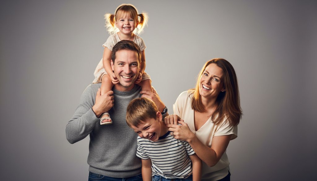A heartwarming, professionally lit studio photograph in Croydon South, showing a family's joyous laughter frozen in time, exemplifying professional studio photography Croydon South capturing cherished family moments.