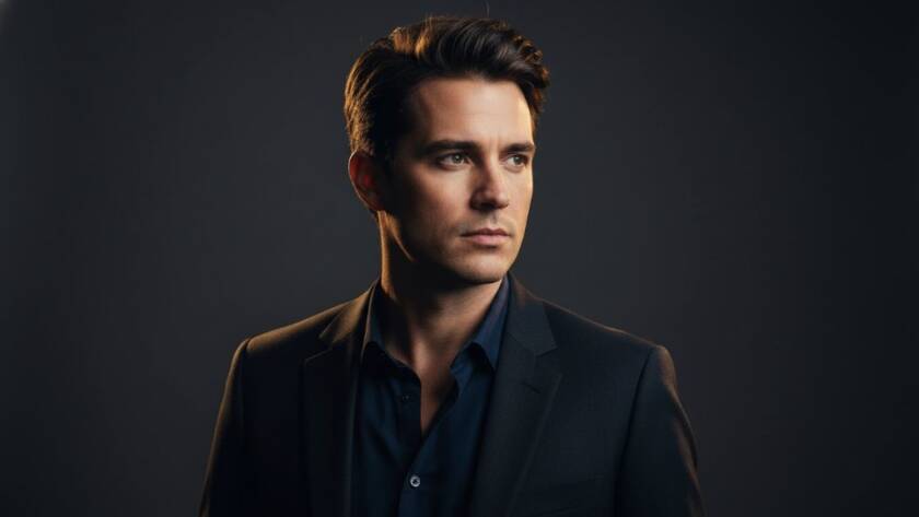 A dramatic, cinematic portrait of a professional in a modern studio, showcasing the power of professional studio photography Croydon for vibrant branding portraits, with dynamic lighting highlighting their confident expression and a sleek, minimalist background.