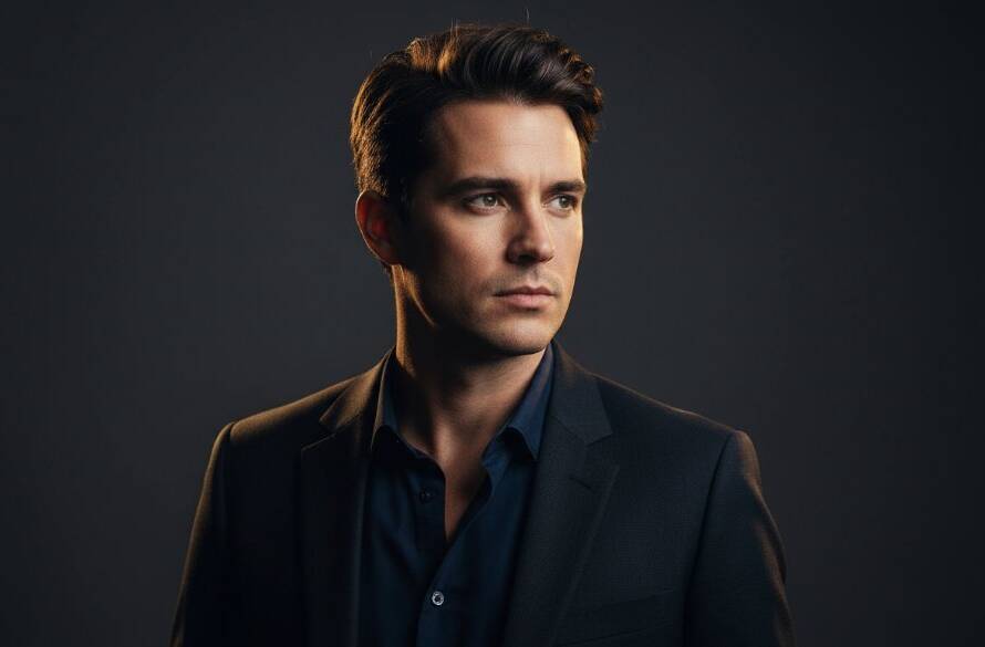 A dramatic, cinematic portrait of a professional in a modern studio, showcasing the power of professional studio photography Croydon for vibrant branding portraits, with dynamic lighting highlighting their confident expression and a sleek, minimalist background.