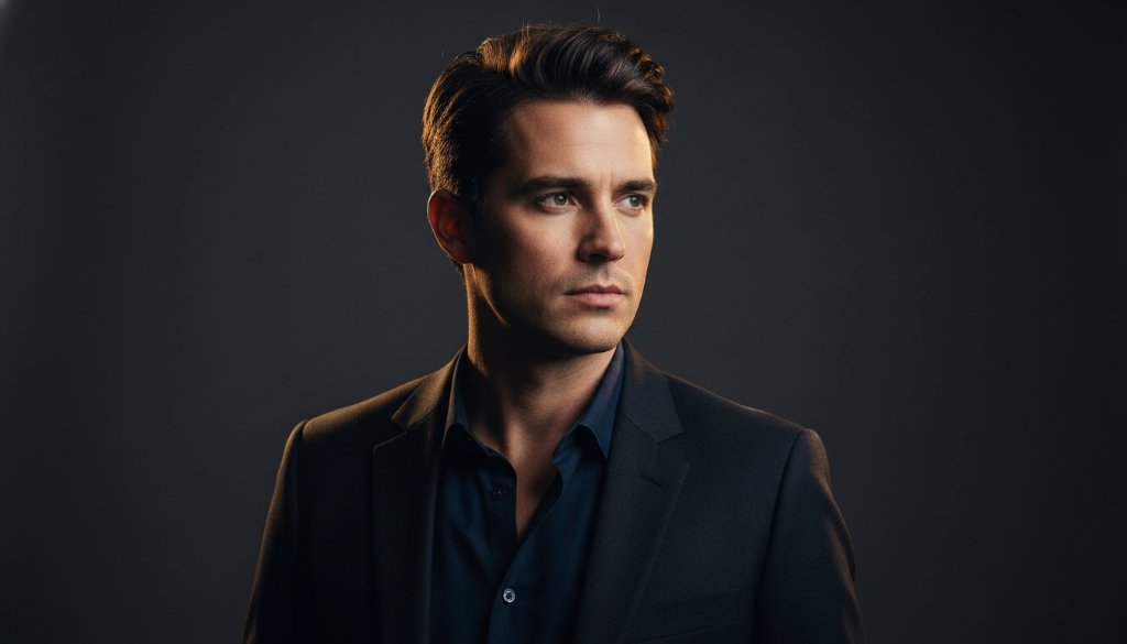 A dramatic, cinematic portrait of a professional in a modern studio, showcasing the power of professional studio photography Croydon for vibrant branding portraits, with dynamic lighting highlighting their confident expression and a sleek, minimalist background.