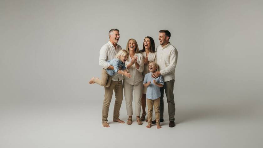 A professional studio photography Forest Hill capturing family milestones, showing a multi-generational family joyfully interacting in a brightly lit, modern studio, with crisp details and warm tones.