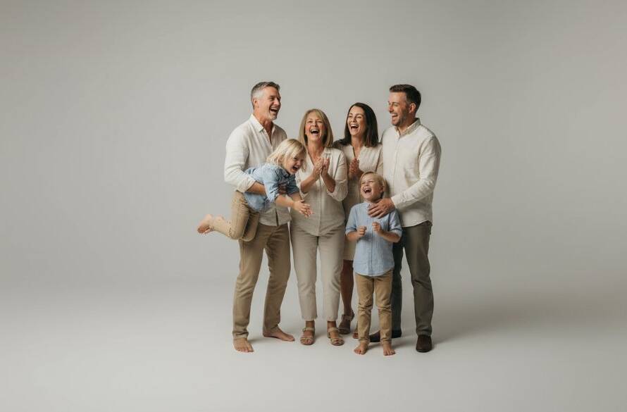 A professional studio photography Forest Hill capturing family milestones, showing a multi-generational family joyfully interacting in a brightly lit, modern studio, with crisp details and warm tones.