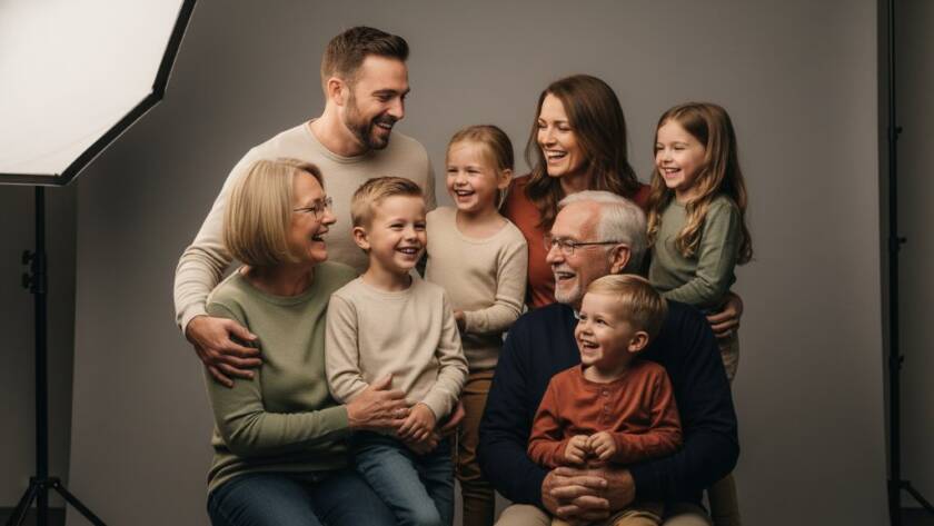 An emotionally resonant, wide-angle shot of a multi-generational Maribyrnong family, bathed in soft, dramatic studio light, sharing a genuine laugh, embodying professional studio photography Maribyrnong families cherish, professionally color-graded with rich, warm tones.