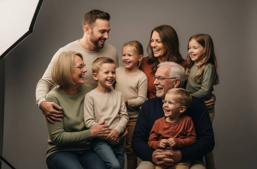An emotionally resonant, wide-angle shot of a multi-generational Maribyrnong family, bathed in soft, dramatic studio light, sharing a genuine laugh, embodying professional studio photography Maribyrnong families cherish, professionally color-graded with rich, warm tones.