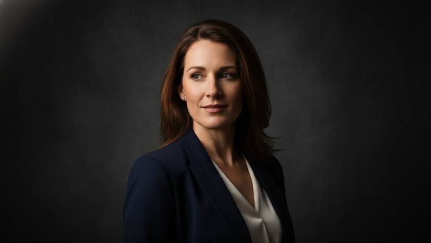 A striking, cinematic photograph captured through professional studio photography Parkdale Victoria, featuring a woman in an elegant pose against a dramatic dark background, with artful chiaroscuro lighting highlighting her features and sophisticated attire, conveying confidence and grace.