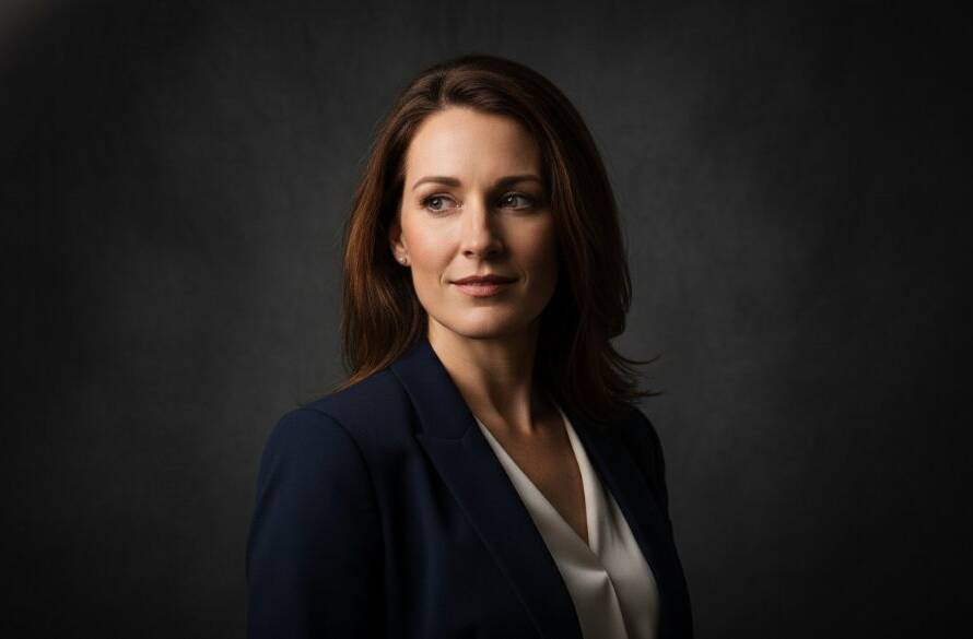 A striking, cinematic photograph captured through professional studio photography Parkdale Victoria, featuring a woman in an elegant pose against a dramatic dark background, with artful chiaroscuro lighting highlighting her features and sophisticated attire, conveying confidence and grace.