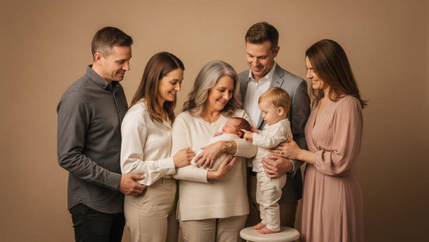 An emotionally resonant, professionally lit studio photograph capturing a heartwarming moment during a professional studio photography Seabrook family portraits session, showing a family's genuine connection.