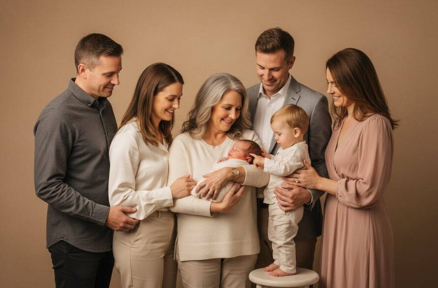 An emotionally resonant, professionally lit studio photograph capturing a heartwarming moment during a professional studio photography Seabrook family portraits session, showing a family's genuine connection.