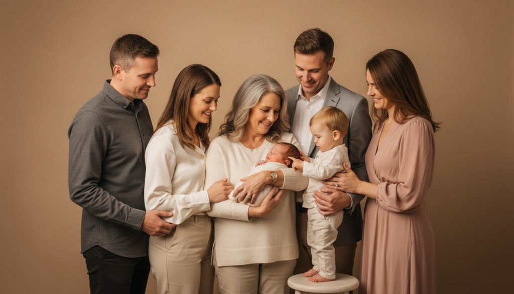 An emotionally resonant, professionally lit studio photograph capturing a heartwarming moment during a professional studio photography Seabrook family portraits session, showing a family's genuine connection.