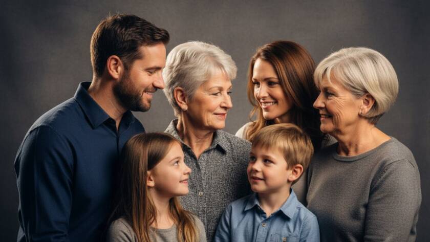 A striking, professional studio portrait featuring a family laughing joyfully, captured during a professional studio photography sessions Blackburn South, with dramatic rim lighting and a deep, rich colour palette, showcasing a truly epic moment of connection.
