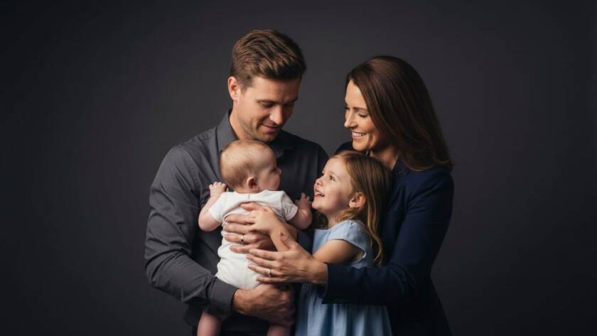 A heartwarming, professional studio photography Vermont families moment, with a young family embracing in dramatic, soft light, showcasing genuine emotion and connection, professionally color-graded.