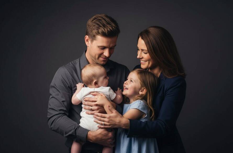 A heartwarming, professional studio photography Vermont families moment, with a young family embracing in dramatic, soft light, showcasing genuine emotion and connection, professionally color-graded.