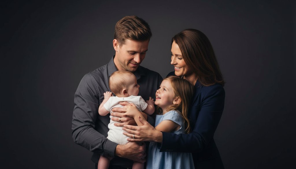 A heartwarming, professional studio photography Vermont families moment, with a young family embracing in dramatic, soft light, showcasing genuine emotion and connection, professionally color-graded.