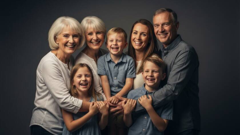 A vibrant and emotionally rich professional studio photography Werribee family portraits session, featuring a multi-generational Australian family laughing joyfully, bathed in soft, warm cinematic light against a deep charcoal backdrop, capturing an epic moment of connection.