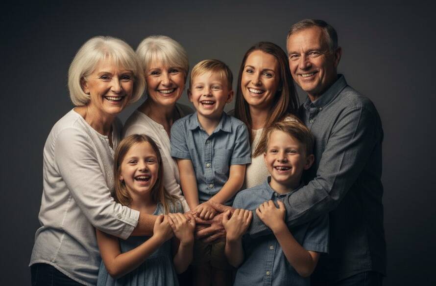 A vibrant and emotionally rich professional studio photography Werribee family portraits session, featuring a multi-generational Australian family laughing joyfully, bathed in soft, warm cinematic light against a deep charcoal backdrop, capturing an epic moment of connection.