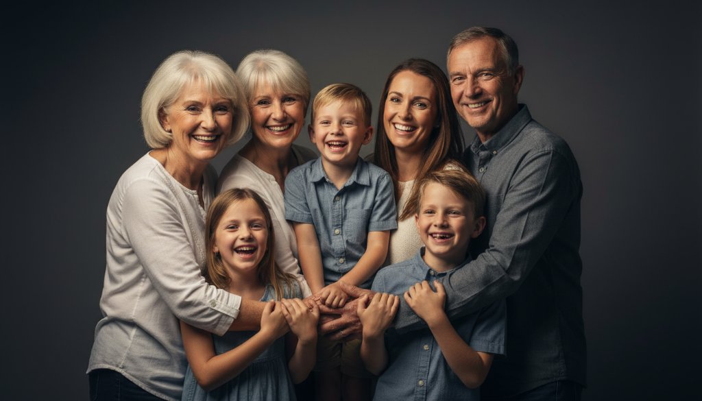A vibrant and emotionally rich professional studio photography Werribee family portraits session, featuring a multi-generational Australian family laughing joyfully, bathed in soft, warm cinematic light against a deep charcoal backdrop, capturing an epic moment of connection.