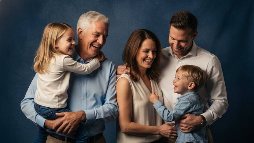 An 'epic moment' photograph capturing a joyous Armadale family's genuine laughter during a professional studio portrait photography session, with dramatic, warm lighting highlighting their connection against a soft, elegant backdrop.