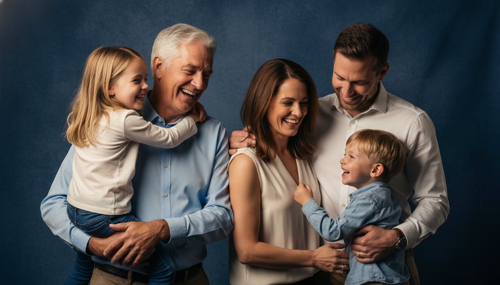 An 'epic moment' photograph capturing a joyous Armadale family's genuine laughter during a professional studio portrait photography session, with dramatic, warm lighting highlighting their connection against a soft, elegant backdrop.