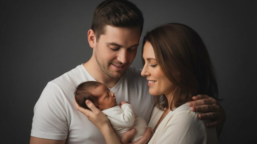 Dramatic and heartwarming professional studio portraits Bacchus Marsh families, featuring parents embracing a child with soft, ethereal lighting and a classic aesthetic, capturing an epic moment of connection.