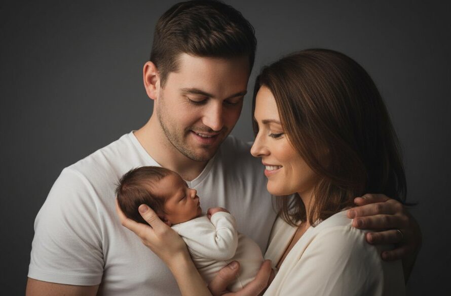 Dramatic and heartwarming professional studio portraits Bacchus Marsh families, featuring parents embracing a child with soft, ethereal lighting and a classic aesthetic, capturing an epic moment of connection.