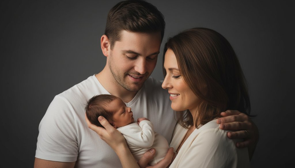 Dramatic and heartwarming professional studio portraits Bacchus Marsh families, featuring parents embracing a child with soft, ethereal lighting and a classic aesthetic, capturing an epic moment of connection.