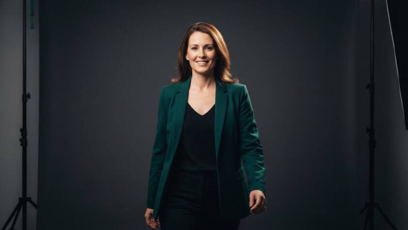 A striking professional studio portraits Box Hill for vibrant personal branding showcasing a confident entrepreneur mid-laugh, bathed in dramatic, soft key light with a subtle rim light, against a minimalist charcoal backdrop, conveying authenticity and approachable authority.