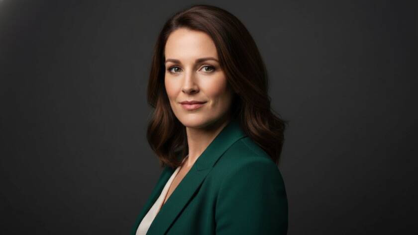 Dramatic, emotionally resonant studio portrait of a successful professional in Brighton, Victoria, with dynamic lighting and a sophisticated deep blue background, reflecting the quality of professional studio portraits Brighton Victoria.