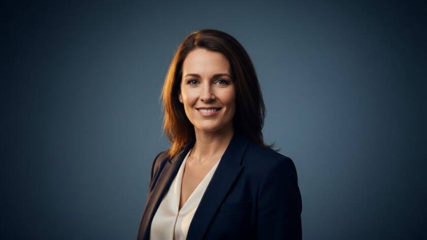 Dramatic, cinematic wide shot of a successful entrepreneur in professional studio portraits Caulfield for personal branding, standing confidently amidst a stylised, minimal set, bathed in soft, directional lighting with a shallow depth of field, conveying power and approachability. The image is professionally color-graded with rich, warm tones.