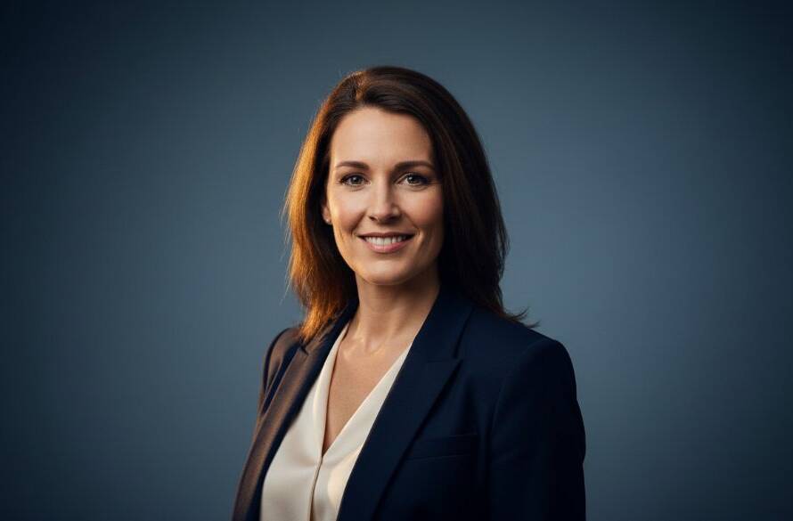 Dramatic, cinematic wide shot of a successful entrepreneur in professional studio portraits Caulfield for personal branding, standing confidently amidst a stylised, minimal set, bathed in soft, directional lighting with a shallow depth of field, conveying power and approachability. The image is professionally color-graded with rich, warm tones.