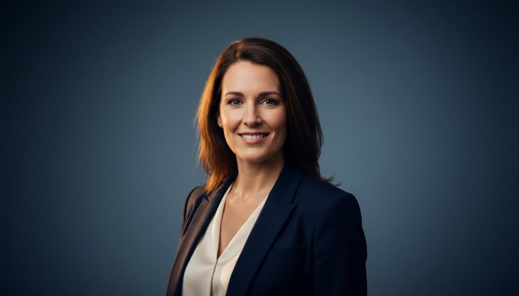 Dramatic, cinematic wide shot of a successful entrepreneur in professional studio portraits Caulfield for personal branding, standing confidently amidst a stylised, minimal set, bathed in soft, directional lighting with a shallow depth of field, conveying power and approachability. The image is professionally color-graded with rich, warm tones.