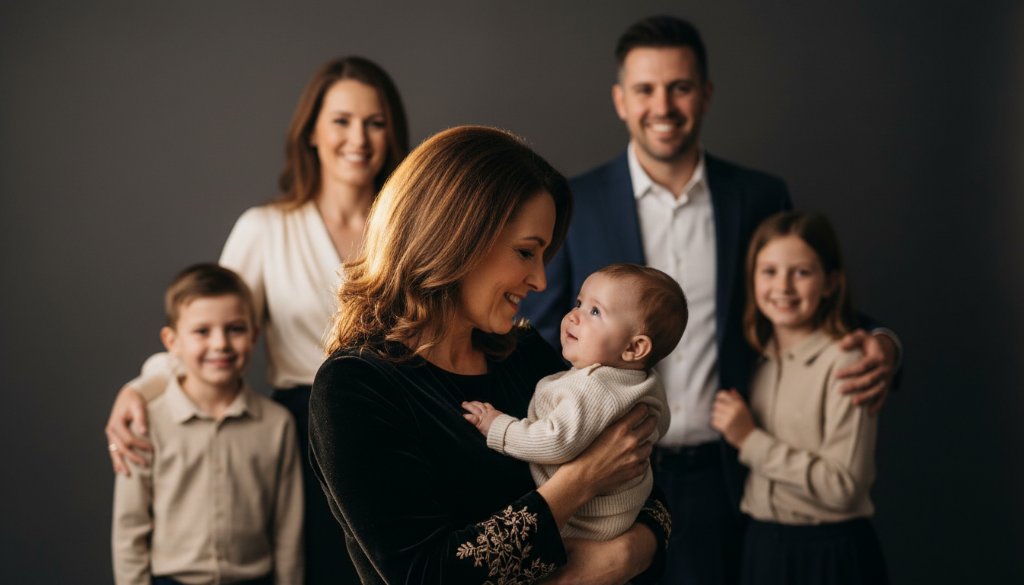 An emotionally resonant and dramatic professional studio portrait of a multi-generational Caulfield South family, bathed in warm, cinematic lighting, with the matriarch gently embracing a child, capturing a truly epic moment of connection and love.