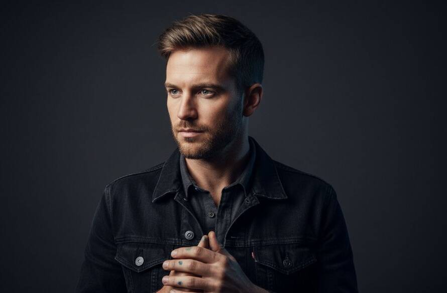 Dramatic, professionally lit image capturing the artistic flair of professional studio portraits Croydon South, featuring a subject exuding confidence in a dynamic pose against a deep background, showcasing bespoke photography artistry.