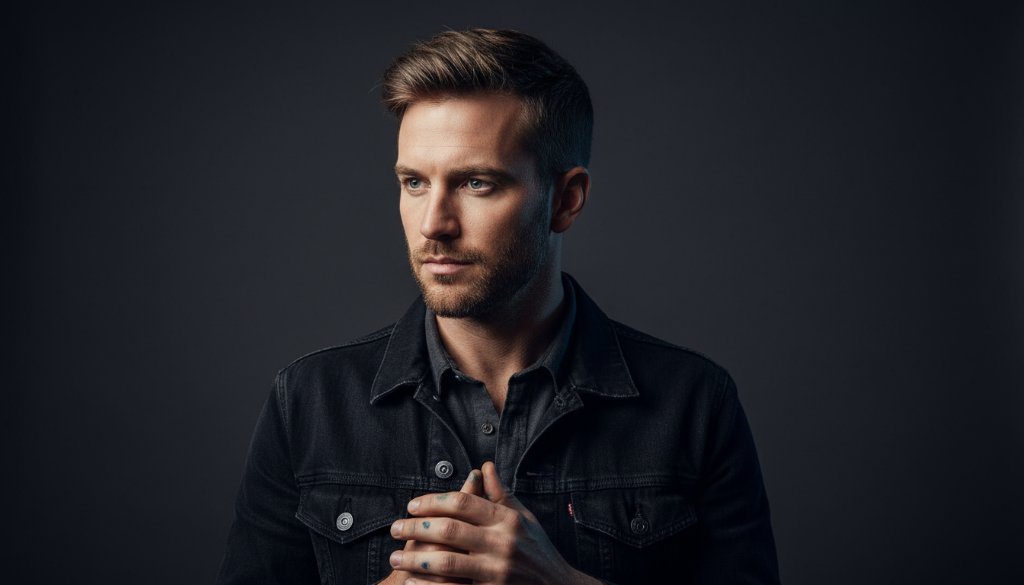 Dramatic, professionally lit image capturing the artistic flair of professional studio portraits Croydon South, featuring a subject exuding confidence in a dynamic pose against a deep background, showcasing bespoke photography artistry.