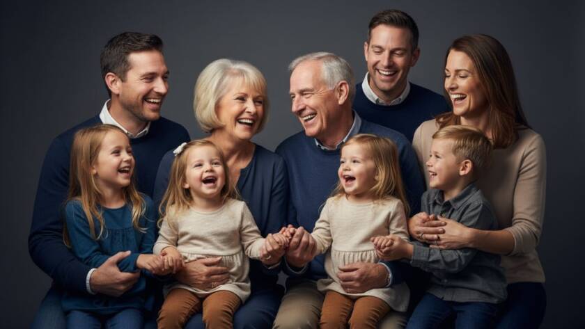 A stunning, dramatic professional studio portrait in Vermont South Victoria, featuring a multi-generational family laughing joyfully together, bathed in cinematic soft key lighting, capturing an authentic, epic moment of connection.