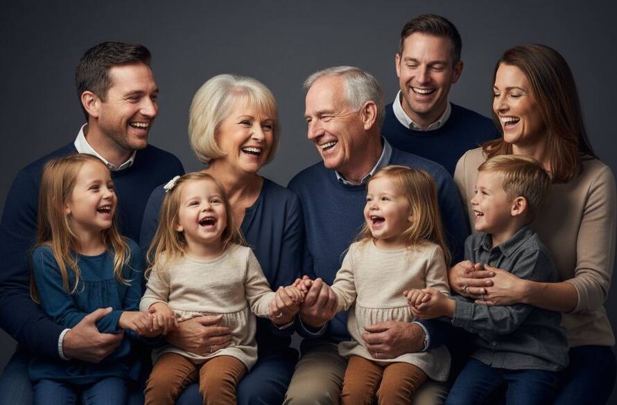 A stunning, dramatic professional studio portrait in Vermont South Victoria, featuring a multi-generational family laughing joyfully together, bathed in cinematic soft key lighting, capturing an authentic, epic moment of connection.