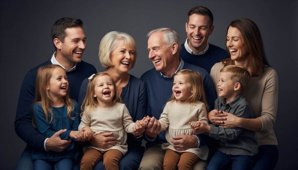 A stunning, dramatic professional studio portrait in Vermont South Victoria, featuring a multi-generational family laughing joyfully together, bathed in cinematic soft key lighting, capturing an authentic, epic moment of connection.