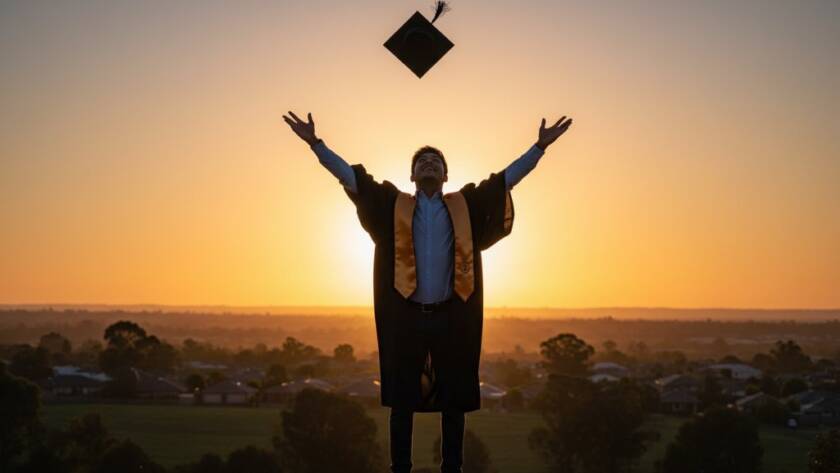 A vibrant graduate in academic regalia, cap thrown high against a clear blue sky over Taylors Hill, celebrating their professional Taylors Hill graduation photography moments with joy and accomplishment.