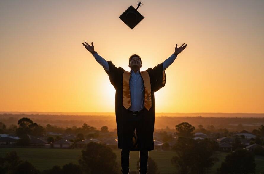 A vibrant graduate in academic regalia, cap thrown high against a clear blue sky over Taylors Hill, celebrating their professional Taylors Hill graduation photography moments with joy and accomplishment.