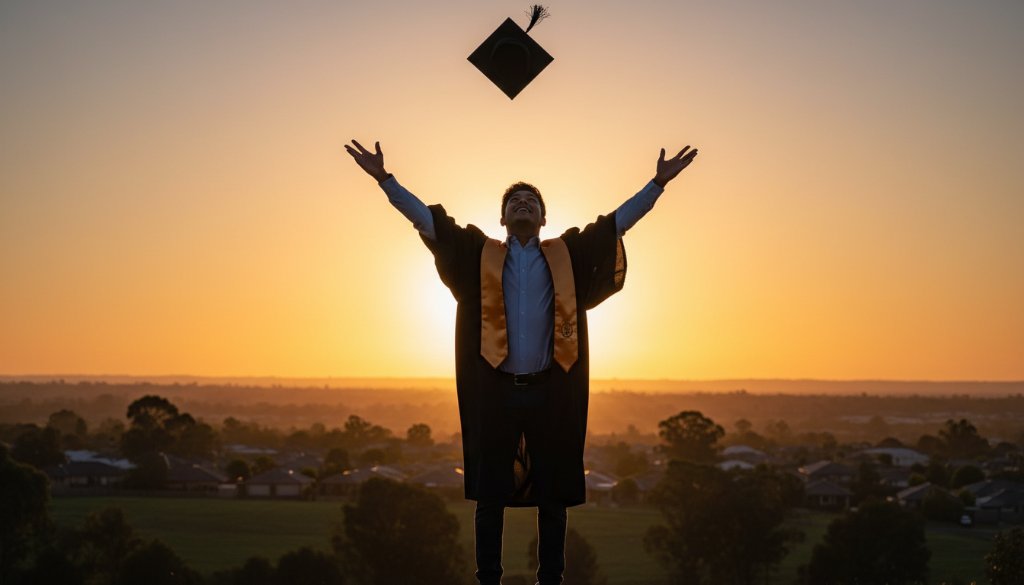 A vibrant graduate in academic regalia, cap thrown high against a clear blue sky over Taylors Hill, celebrating their professional Taylors Hill graduation photography moments with joy and accomplishment.