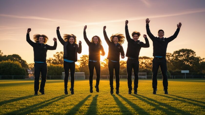 An epic moment of a group of joyful high school students in Traralgon, Victoria, laughing genuinely under warm, dramatic afternoon sunlight, perfectly embodying professional Traralgon school photography capturing genuine student smiles. The scene is set near the iconic Traralgon Railway Reservoir Conservation Reserve, with a slight golden hour glow highlighting their expressions.