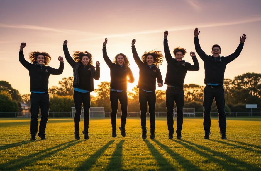 An epic moment of a group of joyful high school students in Traralgon, Victoria, laughing genuinely under warm, dramatic afternoon sunlight, perfectly embodying professional Traralgon school photography capturing genuine student smiles. The scene is set near the iconic Traralgon Railway Reservoir Conservation Reserve, with a slight golden hour glow highlighting their expressions.