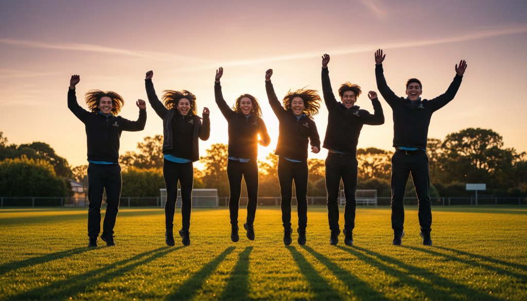 An epic moment of a group of joyful high school students in Traralgon, Victoria, laughing genuinely under warm, dramatic afternoon sunlight, perfectly embodying professional Traralgon school photography capturing genuine student smiles. The scene is set near the iconic Traralgon Railway Reservoir Conservation Reserve, with a slight golden hour glow highlighting their expressions.