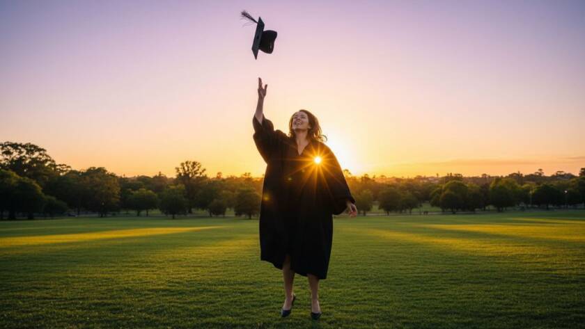 An ecstatic graduate in academic regalia, captured during their Professional Vermont Graduation Photoshoot Experience, triumphantly tossing their cap against a vibrant sunset sky over a leafy Vermont park, showcasing pure joy and achievement in an epic, professionally color-graded wide shot.