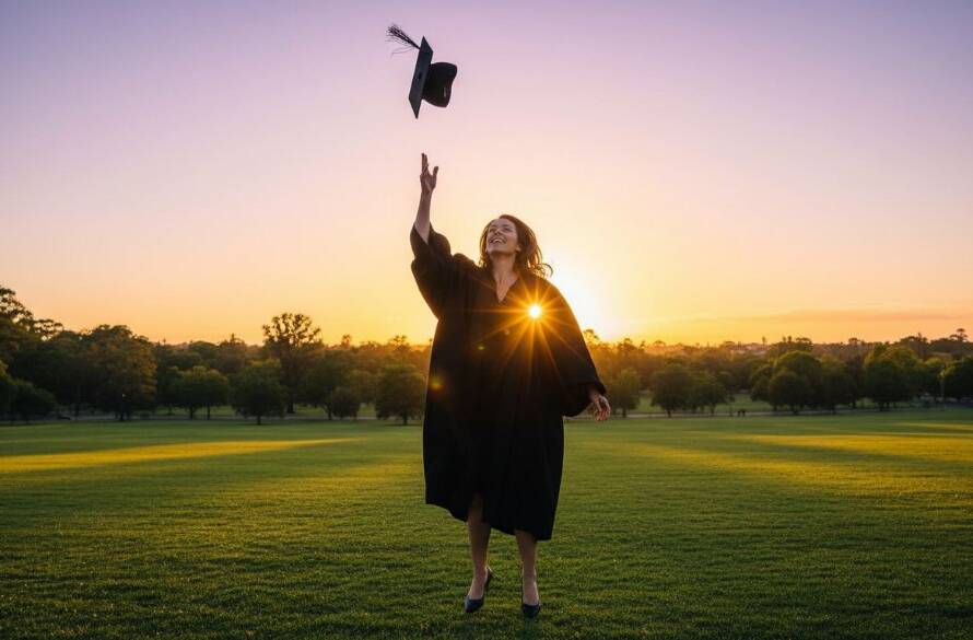 An ecstatic graduate in academic regalia, captured during their Professional Vermont Graduation Photoshoot Experience, triumphantly tossing their cap against a vibrant sunset sky over a leafy Vermont park, showcasing pure joy and achievement in an epic, professionally color-graded wide shot.