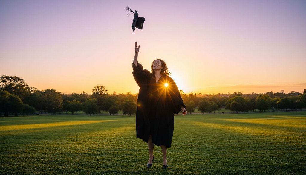 An ecstatic graduate in academic regalia, captured during their Professional Vermont Graduation Photoshoot Experience, triumphantly tossing their cap against a vibrant sunset sky over a leafy Vermont park, showcasing pure joy and achievement in an epic, professionally color-graded wide shot.