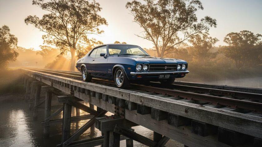 Dramatic photograph capturing professional vintage car photography Orbost, showing a pristine polished classic car parked by the misty Orbost railway bridge at dawn, with golden light reflecting off its chrome, evoking a timeless East Gippsland moment.