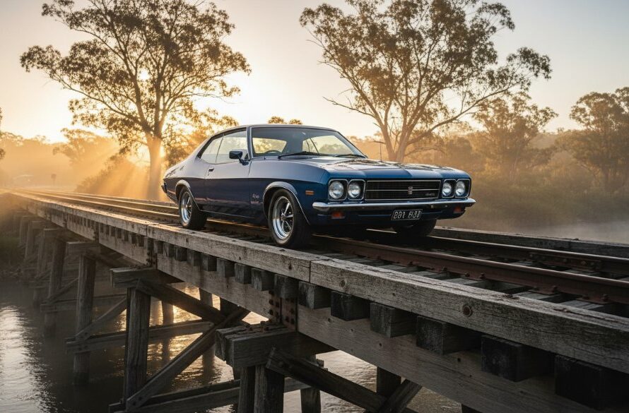 Dramatic photograph capturing professional vintage car photography Orbost, showing a pristine polished classic car parked by the misty Orbost railway bridge at dawn, with golden light reflecting off its chrome, evoking a timeless East Gippsland moment.