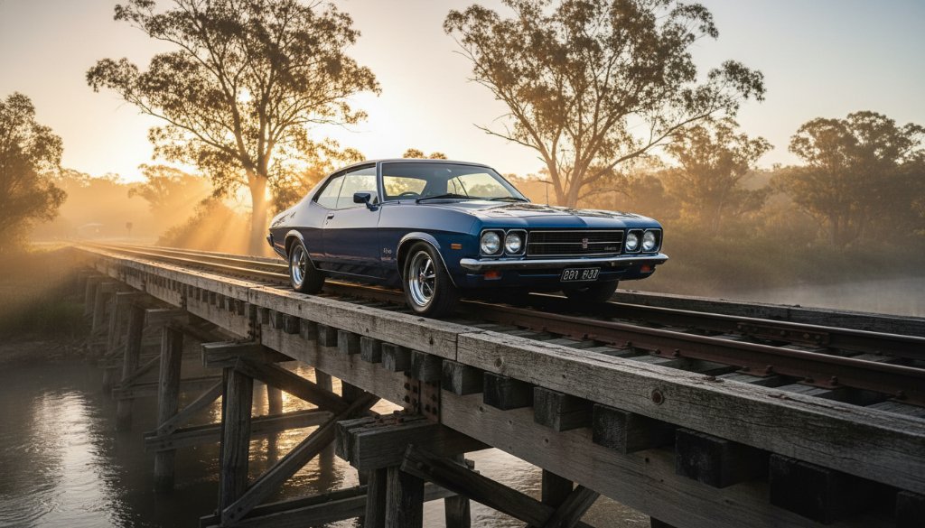 Dramatic photograph capturing professional vintage car photography Orbost, showing a pristine polished classic car parked by the misty Orbost railway bridge at dawn, with golden light reflecting off its chrome, evoking a timeless East Gippsland moment.