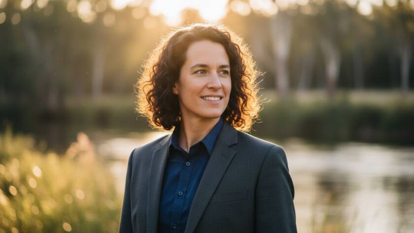 An inspiring and dynamic professional Warrandyte corporate headshot captured in a natural setting, showcasing a confident business person with the Warrandyte Yarra River in the softly blurred background at sunset, bathed in warm, golden hour light, portraying authenticity and expertise.